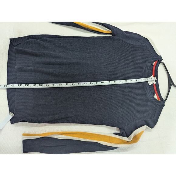 Sporty Navy women's sweater by Stylus w/sleeve stripe in cream & yellow, size M - Picture 7 of 8